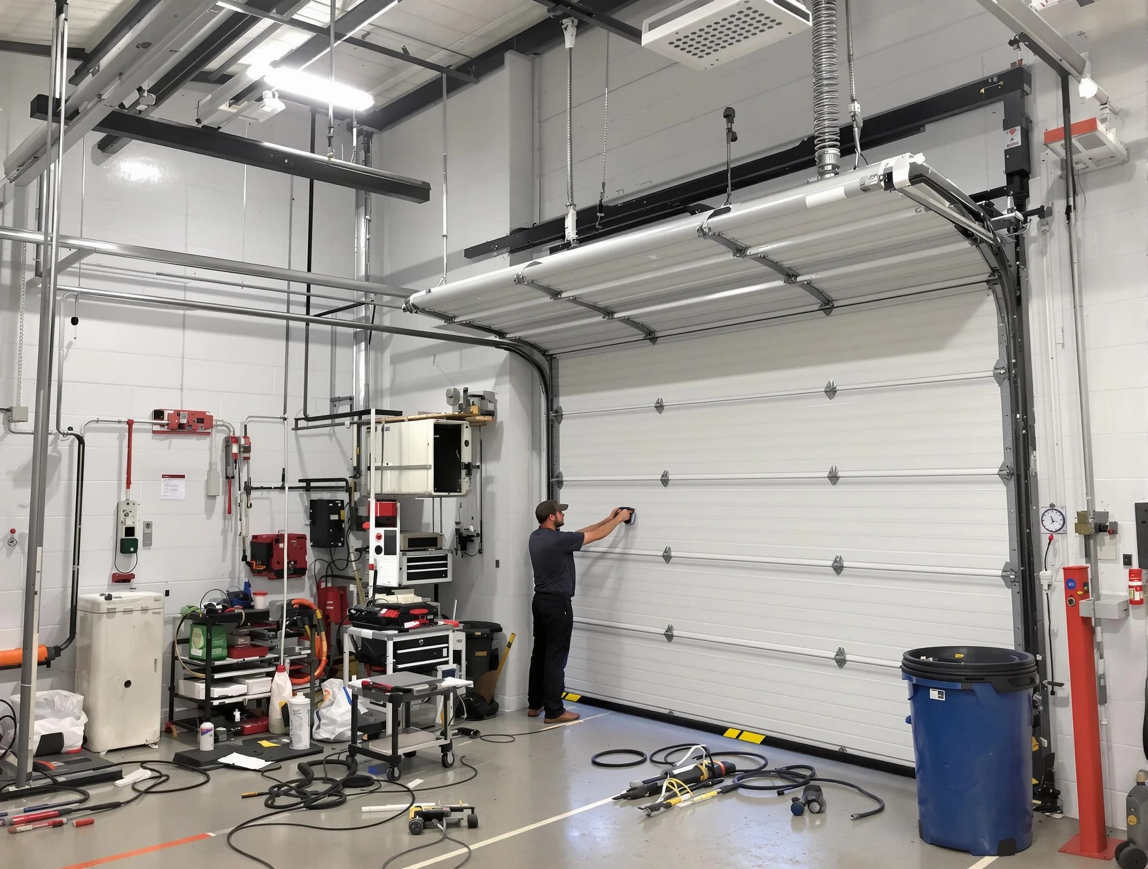 Cranford Garage Door Repair certified technician performing commercial door repair at a Cranford business facility