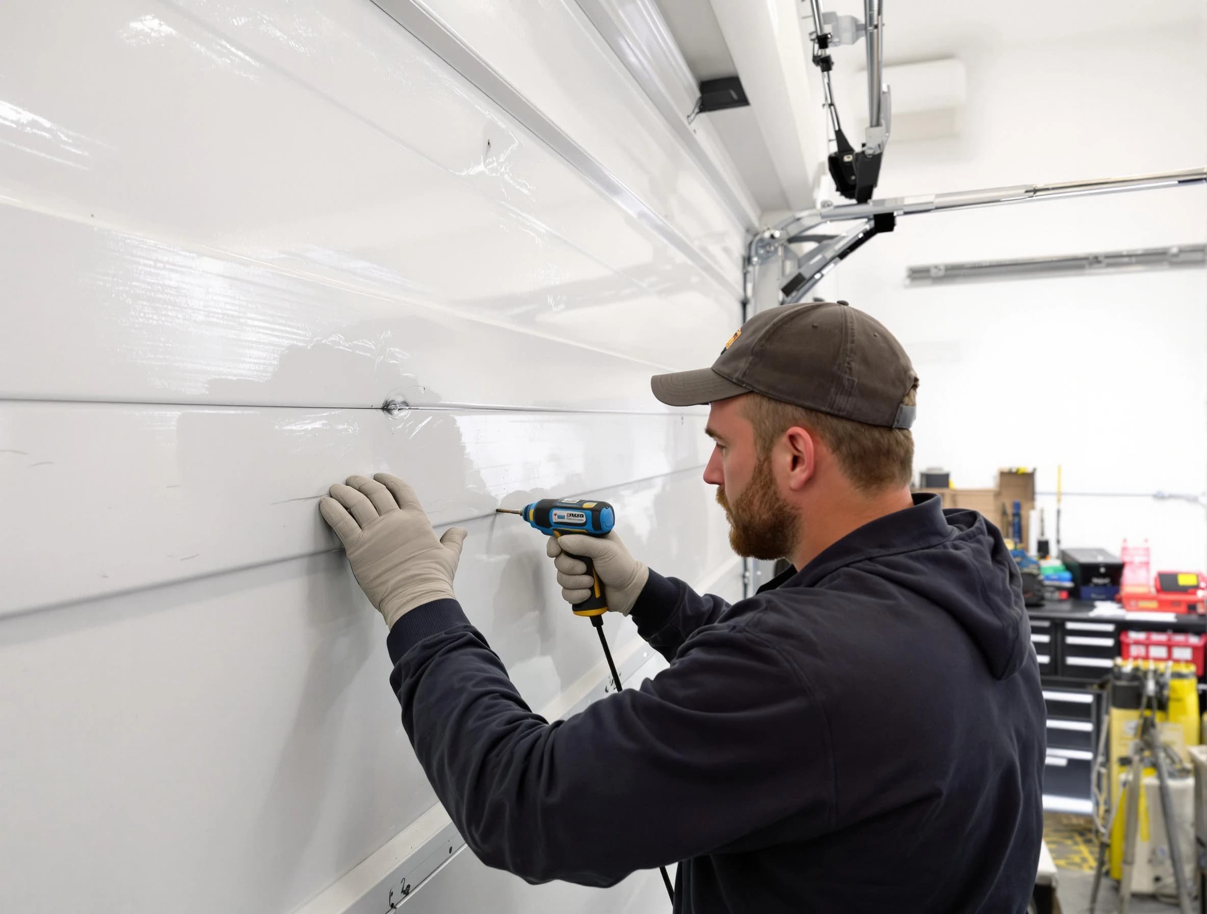 Cranford Garage Door Repair technician demonstrating precision dent removal techniques on a Cranford garage door